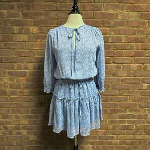 Pinch Women’s Blue & White Long Sleeve Tie Front Tiered Dress Sz Small